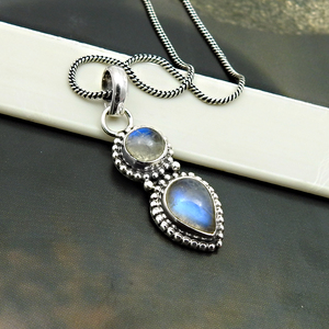 Bleu arc-en-ciel pierre de lune Double pierre précieuse lunette ensemble pendentif 925 en argent Sterling cadeau fabricant à la mode fait à la main en gros bijoux - Product Image 5