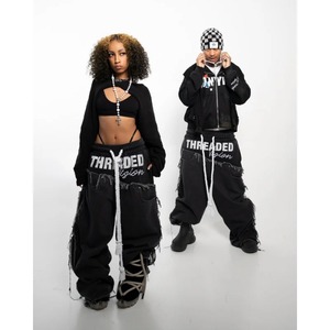 กางเกงฮาราจูกุขายาวสำหรับผู้ชาย, กางเกงขากว้างแนวสตรีทเอวยางยืดมีรอยขาดพร้อมเชือกรูดสไตล์ซัก Y2K - Product Image 4