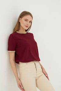 Blusa de verano de punto de manga corta con cuello redondo para mujer, Camiseta cómoda y elegante transpirable a rayas, servicio OEM de alta calidad - Product Image 6