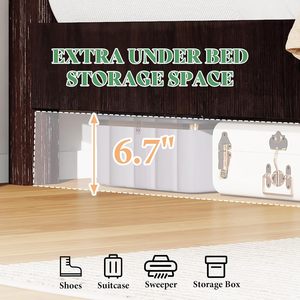 <b>King</b>-<b>Size</b> 51.2\" Rustic Traditional <b>Bed</b> Frame Dark Brown Spliced Headboard Noiseless <b>Wood</b> Panel Slats Supports Box Spring Needed - Product Image 2