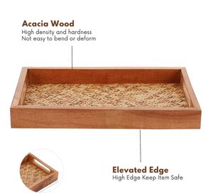 Plateau rectangulaire en bois d'acacia fabriqué à la main en bois avec poignées Plateau de service décoratif pour table de petit déjeuner décoratif - Product Image 5