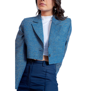 Blazer de Lana Azul para Mujer, Estilo Sororties, Antiarrugas, Cuello en V, Manga Larga, Botón Único, Tejido Sólido, Venta al Por Mayor - Product Image 3