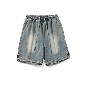2025 personnalisé Vintage lavé bleu lâche cordon Style haut Baggy Shorts pour hommes Stitchmode Denim Streetwear directement pour l'été - Product Image 4