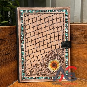 Personalized Designer Hand Tooled Portfolio File <b>Folder</b> Multi-function Business <b>A4</b> Notebook Cover Genuine Leather Snap Padfolios - Product Image 1