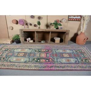 Alfombra turca Vintage tradicional, diseño de retazos verdes y azules, rectángulo de lana de 4x10/7 pies para decoración para sala de estar para adolescentes - Product Image 2