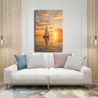 Cadre mural en bois, toile de peinture de bateau à voile au coucher du soleil, paysage marin doré, décoration de salon et chambre à coucher, personnalisable