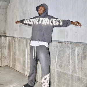 Conjunto de chándal sólido con capucha lavado ácido de dos piezas de gran tamaño Unisex personalizado 100% algodón logotipo bordado Diseño Vintage otoño - Product Image 2