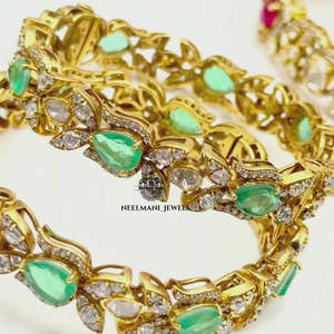 Bracelet et jonc en moissanite de style Polki vert, bijoux Neelmani, jonc en moissanite en forme de fleur, émeraude verte - Product Image 5