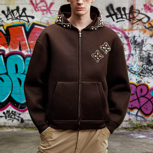 เสื้อฮู้ดสตรีทแวร์แบบมีซิปสำหรับผู้ชายและผู้หญิง พิมพ์ลายเพชรแบบดรอปสกรีน  ทรงโอเวอร์ไซส์ สไตล์ฮิปฮอป  ตกแต่งด้วยคริสตัลแบบกำหนดเอง - Product Image 1