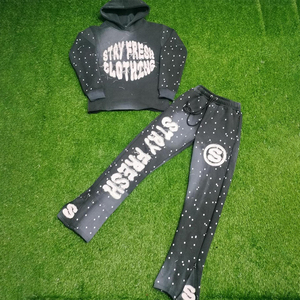 Conjunto de Pantalones Deportivos de Algodón 100% Personalizados con Pedrería, Estilo Flare, Lavado Ácido, Estampado, Bordado, Desgastado, Decolorado por el Sol - Product Image 5