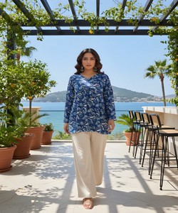 Kurti moderne en rayonne imprimée et mélange de coton pour femme, tenue ethnique quotidienne, bleu - Product Image 3