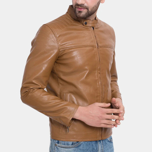 Custom Logo <b>Men</b> Light Brown Real <b>Sheepskin</b> <b>Leather</b> <b>Jacket</b> Stand Collar Motorbike Outerwear - Product Image 3