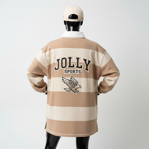Camiseta de rugby para mujer, mezcla de algodón premium GSM, beige con paneles blancos a rayas, logotipo bordado personalizado, corte holgado, camisetas de rugby para mujer - Product Image 2