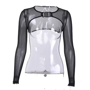 Donna Mesh See Through Cropped Top Cutout Open Front Buckle Shrug Sheer Cover Up Clubwear