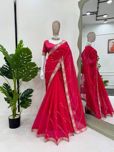 Sari en faux georgette avec travail de séquence et chemisier non cousu en soie mono banglori avec dentelle fantaisie et travail de séquence - Product Image 4