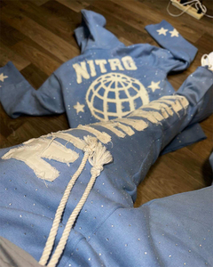 Wholesale Vintage Style <b>Zip</b>-up Hoodie Sweatpants Set for Men Custom Rhinestone Distressed Patch Design 100% Cotton Material - Product Image 2