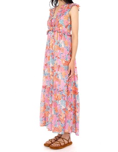 Floral Print Jersey Tea-Length A-Line Casual <b>Dress</b> V-Neck Sleeveless 100% Cotton Summer with Ruffles - Product Image 1