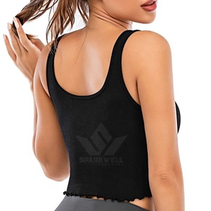Débardeur court côtelé noir pour femme, col rond, bretelles spaghetti, respirant, coupe ajustée, couleur unie, décontracté - Product Image 6