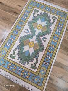 พรมตุรกีโบราณอันหรูหราขนาด8x10แบบถักมือพรมสีฟ้าการออกแบบสีเบจในห้องนั่งเล่นการอธิษฐาน - Product Image 6