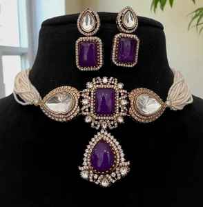 ชุดต่างหูแฟชั่นผ้าโชคเกอร์ polki kundan ชุบทองผิวเรียบหรูสำหรับงานเฉลิมฉลองครบรอบแต่งงาน - Product Image 1