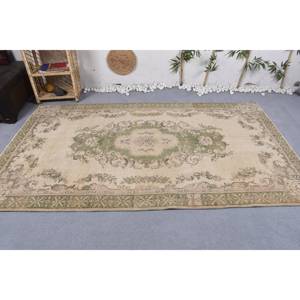 Tapis turc vintage, grande surface, 5,2 x 8,7 pieds, beige vert, laine, support en latex, motif patchwork, style Tabriz, salle à manger, écologique - Product Image 3