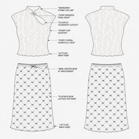 Ensemble deux pièces OEM pour femme, dentelle florale, manches courtes, col à découpe, jupe midi en maille, logo personnalisé
