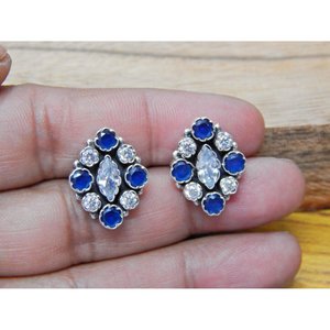 Boucles d'oreilles fines en argent sterling 925 Onyx bleu naturel Zircon cubique Pierres précieuses vertes Bijoux de conception florale - Product Image 1