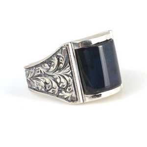 925 Sterling <b>Silver</b> Men's Statement Ring Blue Pressed Amber Stone and <b>Pen</b> Design Bezel Setting Everyday Wear - Product Image 2