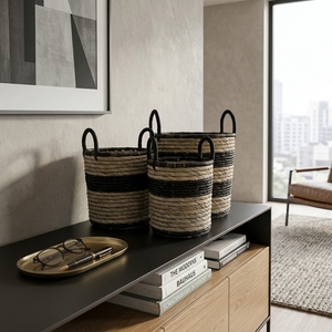 Natural Mendong Grass Recycled <b>Plastic</b> <b>Basket</b> Set Black Stripe Coiled Arch Handle Cylinder Pot Planter Pure Art Setup Room Craft - Product Image 5