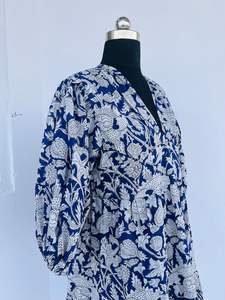 Bleu main-bloc imprimé bohème Floral robe mi-longue belle fête porter en gros à la main en mousseline de soie tissu bouton décoration 6XL - Product Image 3