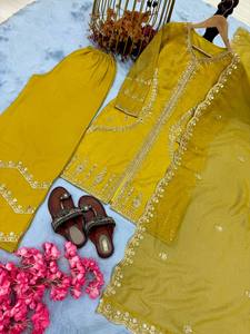 Costume ethnique de créateur pakistanais pour femmes Sky Salwar Kameez Dupatta avec haut-Palazzo Sharara vêtements indiens et pakistanais - Product Image 4