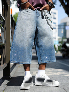 <b>Men's</b> Rhinestone Acid Wash Denim Jorts Oversized Streetwear Baggy Fit Hip Hop <b>Knee</b> <b>Length</b> <b>Shorts</b> Summer Custom Bling Fashion - Product Image 4