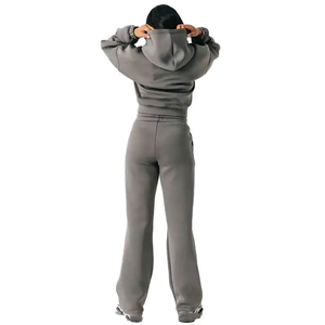 Women's Gray Hooded <b>Tracksuit</b> Set Full Length Loose Fit Solid Color Drawstring Pants Casual Wear Autumn Outfit - Product Image 2