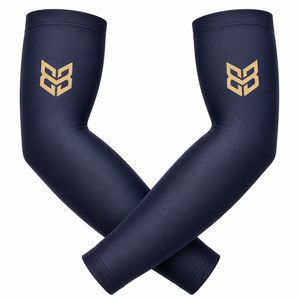 Manchons de cyclisme bleus personnalisés avec logo blanc imprimé par transfert thermique, protection anti-UV, compression en nylon pour adultes unisexe - Product Image 6