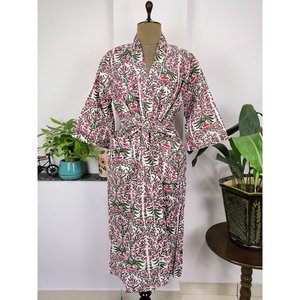 Pure Cotton Boho House <b>Robe</b> Indian Handprinted Summer Dress White Pink Garden Floral <b>Beach</b> Luxurious Cover Woven Soft Touch - Product Image 5