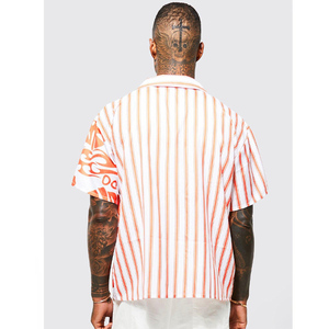 Proveedor indio Cómodo OEM Cuello cubano Camisa informal a rayas horizontales blancas y naranjas Mejor precio Fabricación al por mayor - Product Image 3