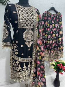 Ensemble de costume Sharara Fuax Georgette lourd de nouveau concepteur entièrement cousu, y compris la broderie de vêtements indiens pakistanais Dupatta - Product Image 5