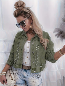 <b>Women</b> Studded <b>Denim</b> <b>Jacket</b> Vintage <b>Pink</b> Wash Jean Coat With Silver Eyelets Elegant Slim Fit Cropped <b>Denim</b> Outerwear - Product Image 5