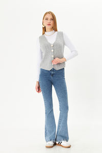 Gilet en tricot rayé décontracté pour femme, col en V, avec boutons, vêtement d'extérieur - Product Image 3