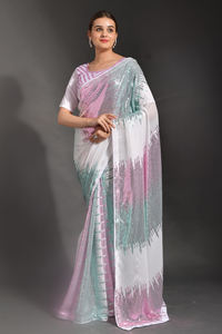 Sari indien traditionnel de soirée avec travail de paillettes de designer et pièce de blouse moderne pour femmes par Fabzone - Product Image 2