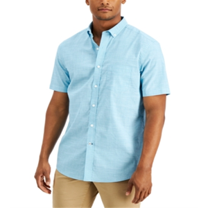 Camicia Casual da Uomo Club Room in Popeline Blu, Taglia Media, 100% Cotone Traspirante Elasticizzato con Design a Quadri, Fornitura ODM - Product Image 1