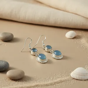 Pendientes de Gota de Agua Plateados Art Palace con Calcedonia Azul Natural en Engaste de Bisel, Estilo Bohemia Vintage, Joyería para Mujer - Product Image 1