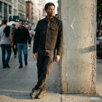 Veste en jean noir épais Y2K personnalisée pour homme avec panneaux techniques, broderie, effet vieilli, coupe ample, style streetwear, séchage rapide sur le devant