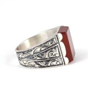 925 Sterling Silver Men's <b>Ring</b> Rhodium-Plated Rectangular Agate Stone Oval Cut Pen-Shaped Bezel Set Hip-hop Style Everyday Wear - Product Image 3