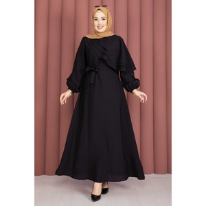 Robe de soirée noire coupe trapèze avec cape et ceinture, style modeste, coupe confortable, ornée de sequins et de perles, taille XL, longueur ras du sol - Product Image 1