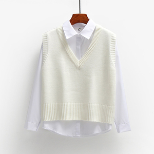 Suéter de algodón de alta calidad para mujer, suéter vasto sin mangas para mujer, jersey con cuello en V, Tops cortos holgados para primavera y otoño para mujer - Product Image 4