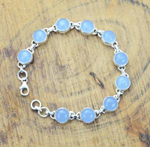 Pulsera Ajustable de Plata de Ley 925 con Calcedonia Azul, Gema Redonda, Joyería Hecha a Mano, Regalo para Mujer - Product Image 1