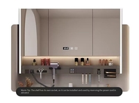 Meuble-lavabo mural de salle de bain style nordique avec vasque en pierre frittée courbée à chaud, miroir intelligent et rangement