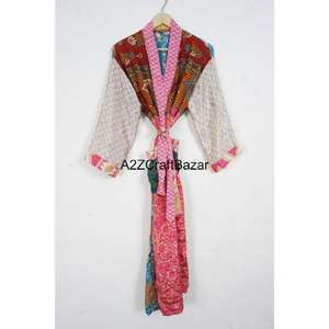 Robe longue bohème en soie de luxe pour femmes, faite à la main, patchwork, col en V, cordon de serrage, manches longues, douce, respirante, rapide, automne - Product Image 4