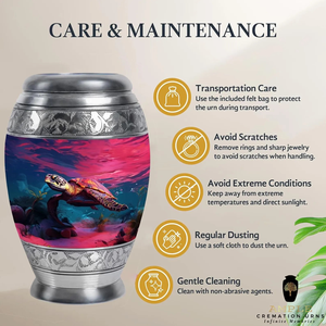 Urne funéraire en aluminium fabriquée à la main Finition enduite Meena en grandes tailles et souvenirs Urnes funéraires au design gravé tortue - Product Image 5